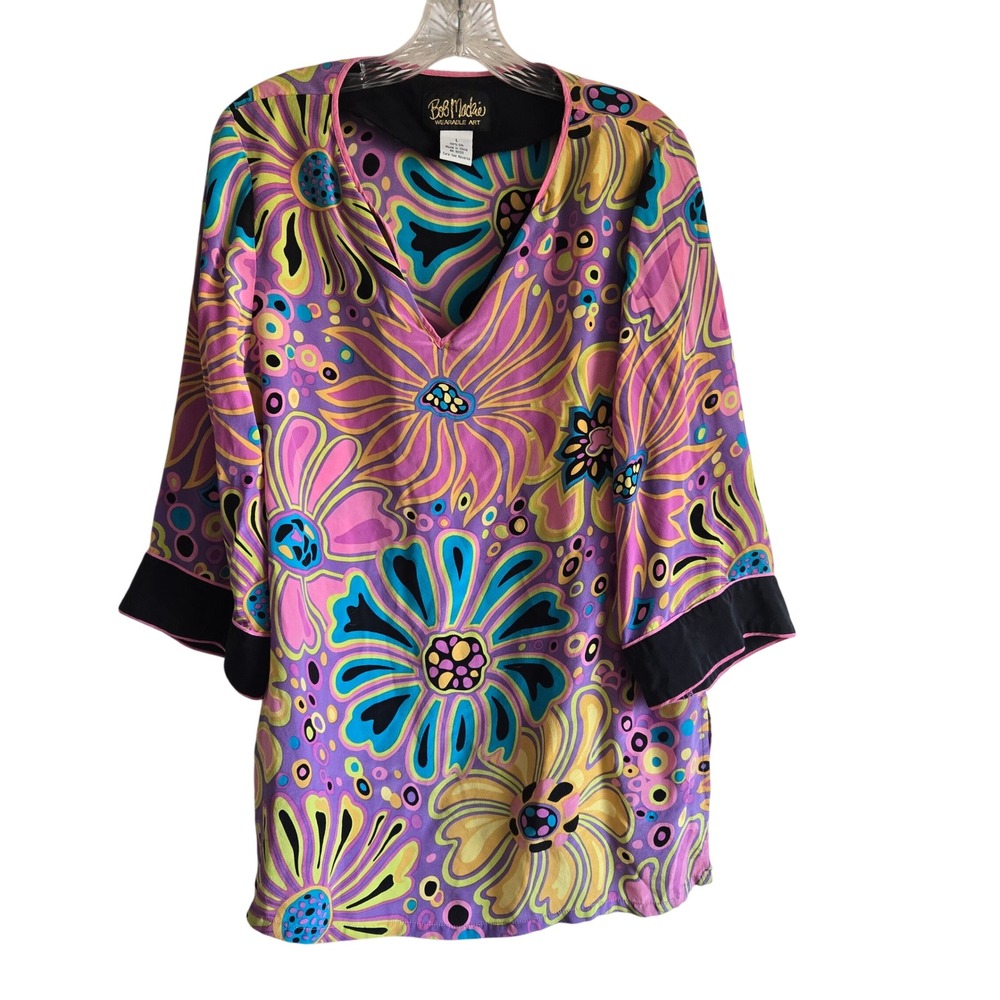 Bob Mackie L Silk Tunic Women Pink Purple Psychedelic Floral Wearable Art